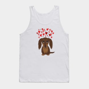 Cute Wiener Dog | Longhaired Chocolate Dachshund with Valentine Hearts Tank Top